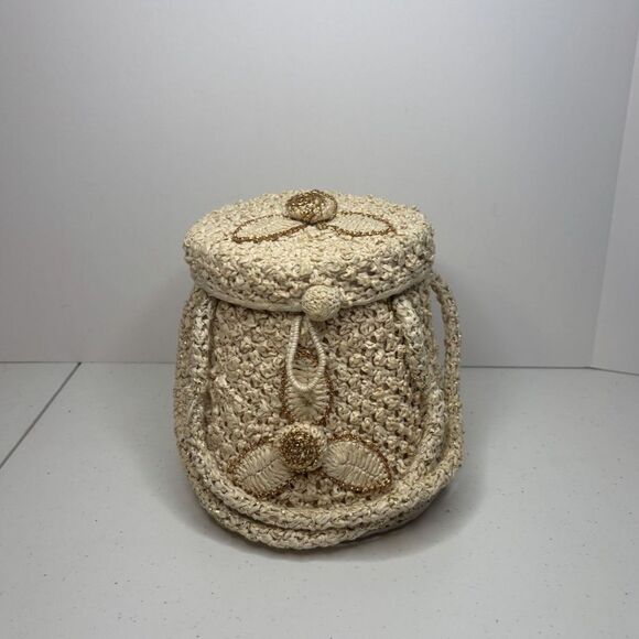 Vintage Handmade Cream Crochet Floral Boho Bucket Bag Purse Womens - Picture 1 of 6